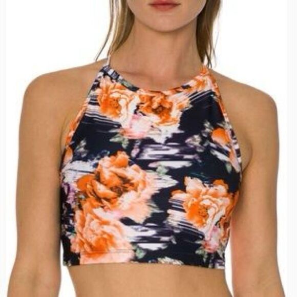Betsy Johnson Sports Bra Floral Halter Neck Top shelf bra black orange white L - Picture 1 of 11
